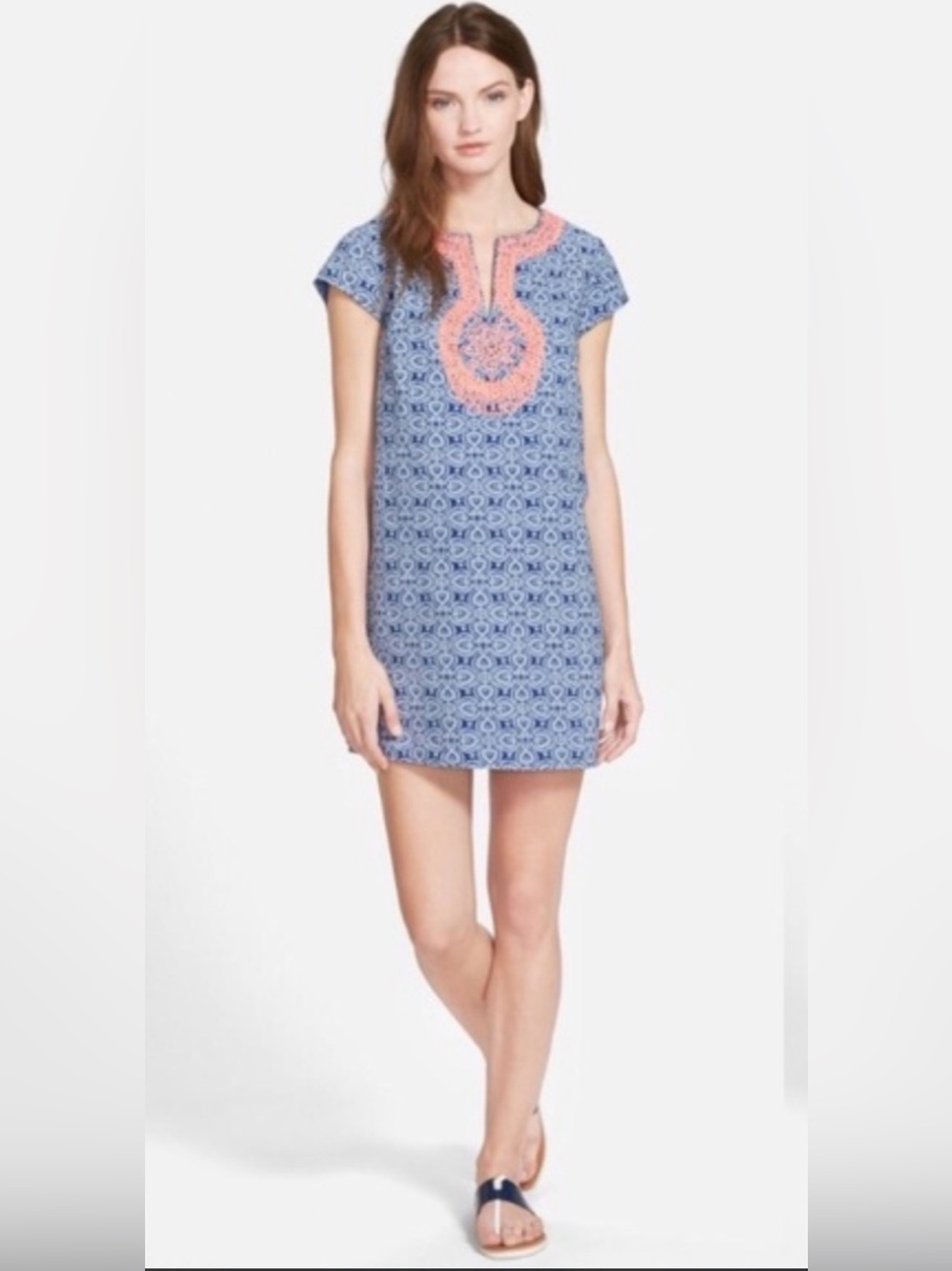 Vineyard Vines Time Indigo Print Shift Dress with Embroidery. Size 0